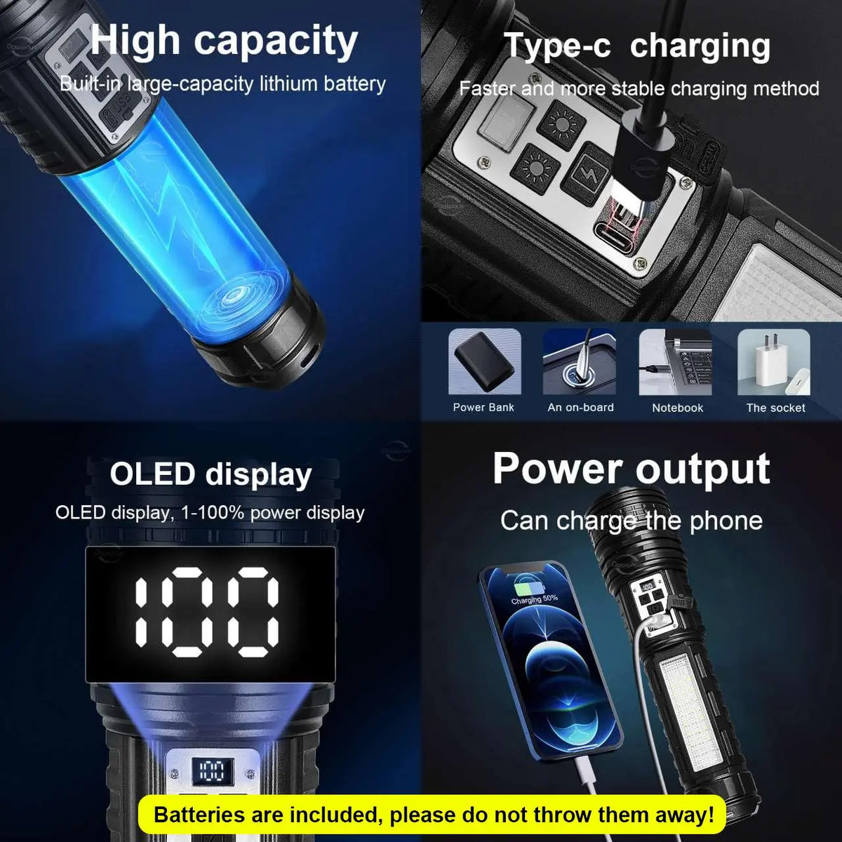 Rechargeable Zoom Flashlight with Side Light – 2-Pack for Camping & Emergencies