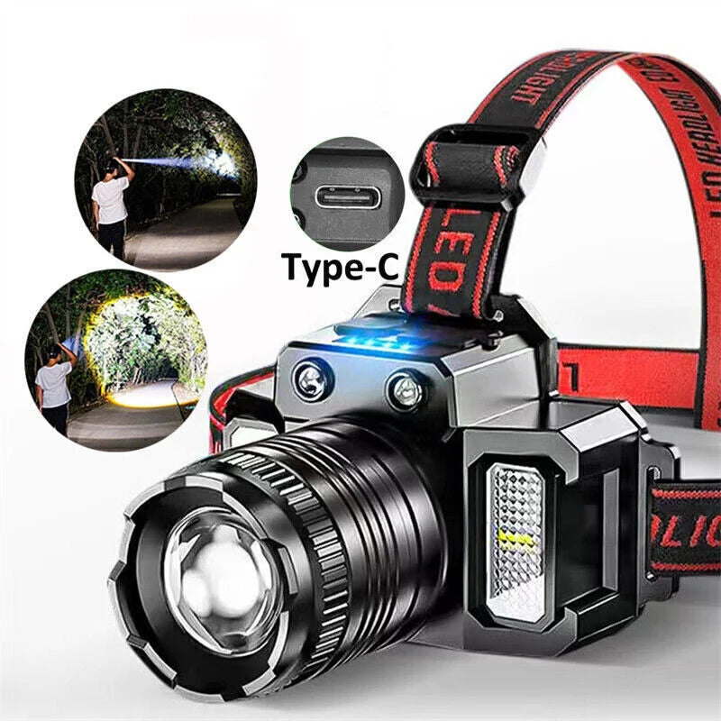 Rechargeable LED Headlamp – Motion Sensor, Zoom, 5 Modes, USB-C, Power Bank