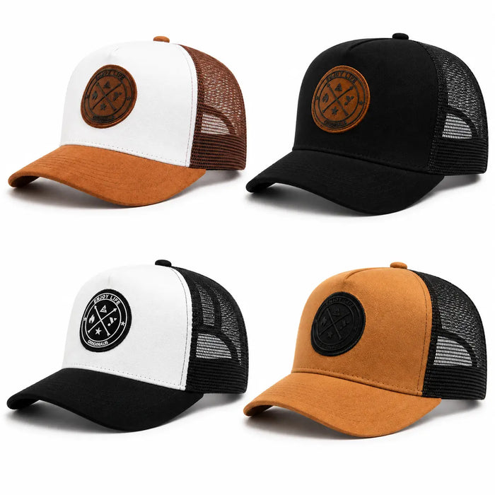 4 Pack Suede Finish Trucker Hats for Men, Breathable Mesh Back Baseball Caps with Adjustable Curved Brim & round Patch, Casual Outdoor Men'S Hats with Mesh Breathability & Solid Colors