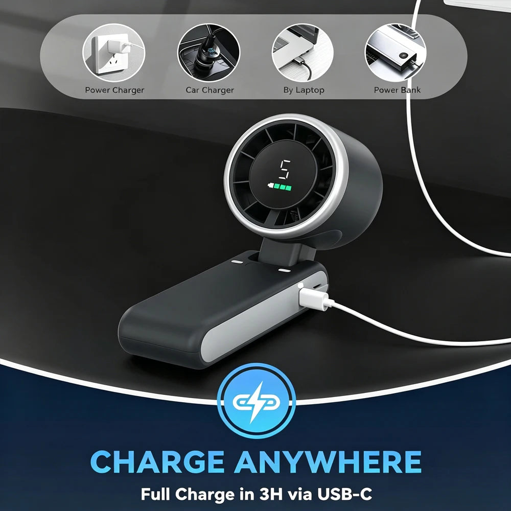 5 Speed Handheld Mini Fan Foldable Mini Fan Portable Desk Outdoor Neck Hanging USB Rechargeable Fan Phone Stand Display Screen