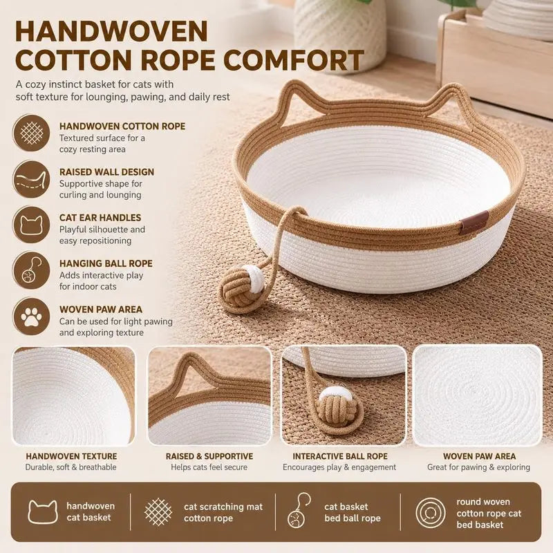 35/40/46cm Handwoven Cotton Rope Cat Basket Bed with Cat Ear Handles Ball Toy Indoor Cat Nest Sleeping Basket