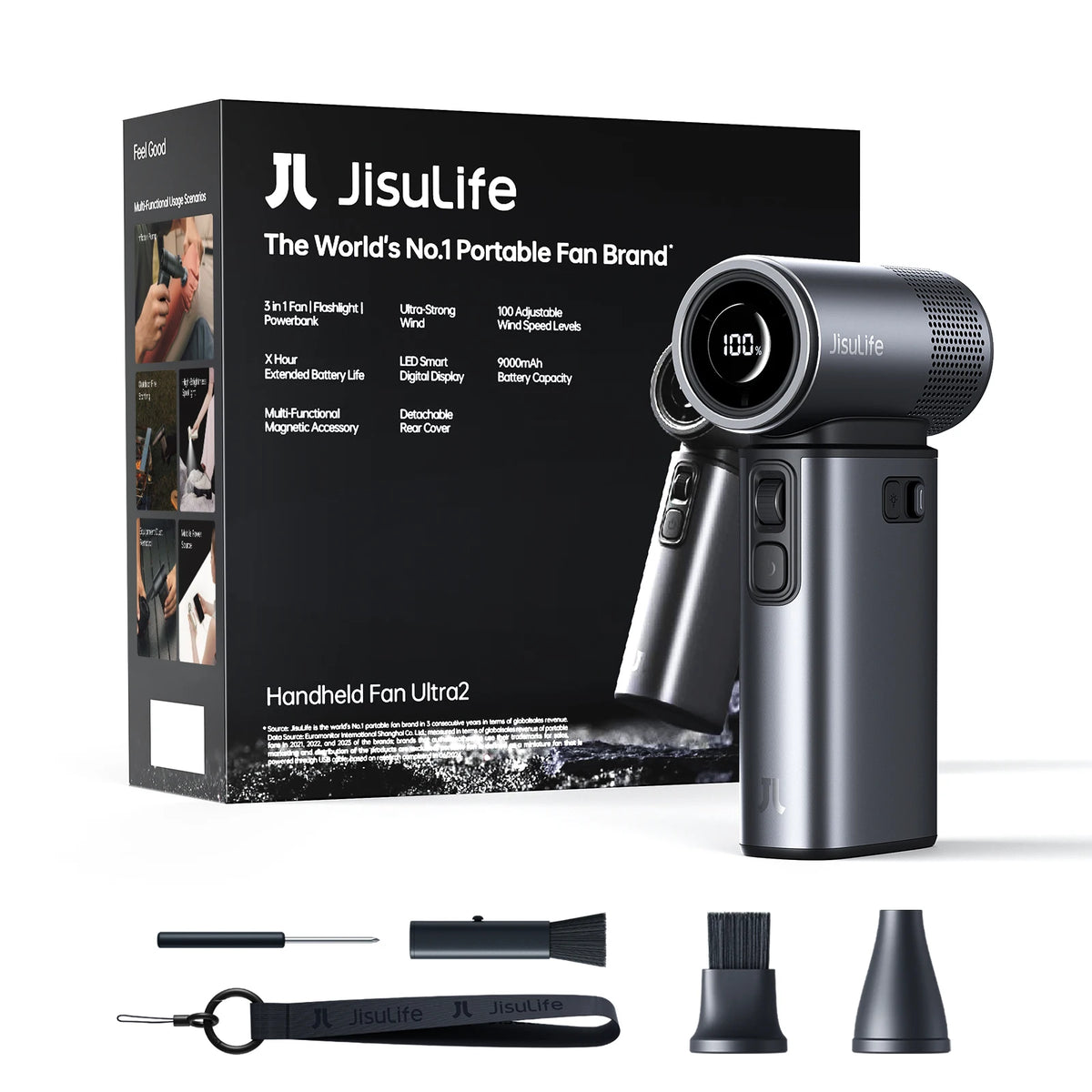 JISULIFE Ultra 2 Handheld Turbo Fan – 9000mAh, 100 Speeds, LED Display
