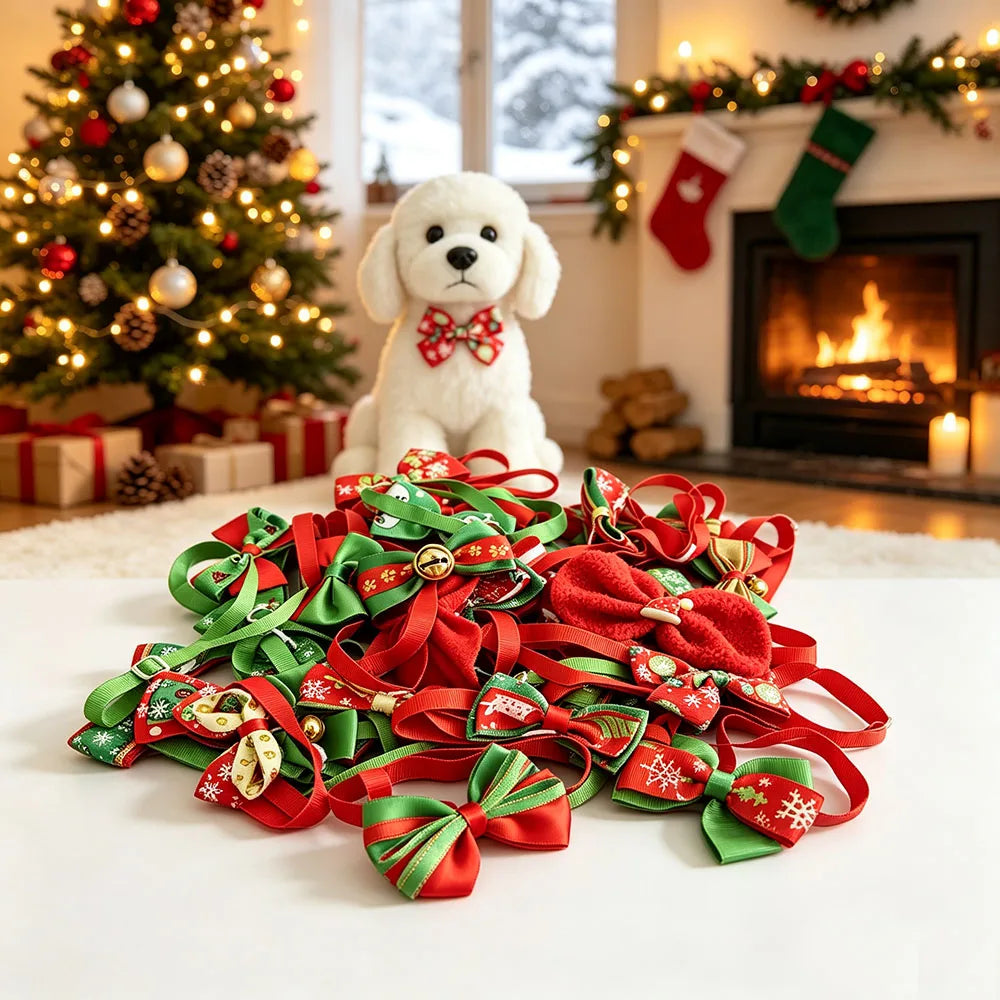 Christmas Pet Bow Ties, Adjustable Dog Bow Ties, Cat Bowknot Collar, Festive Pet Dress-up Accessories for Small Puppy Kitten