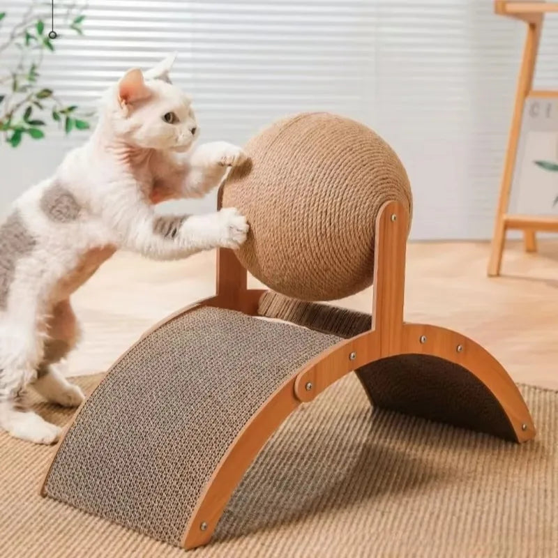Wooden Cat Scratcher with Ball – 2-in-1 Scratch Board & Toy