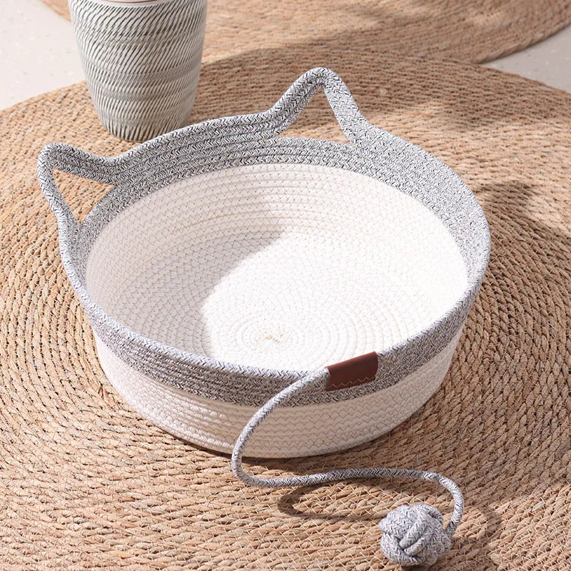 35/40/46cm Handwoven Cotton Rope Cat Basket Bed with Cat Ear Handles Ball Toy Indoor Cat Nest Sleeping Basket