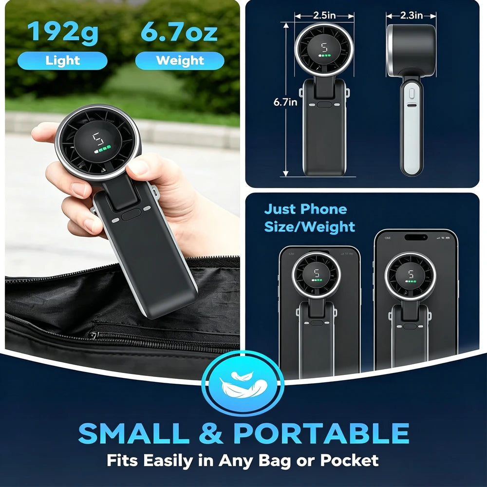 5 Speed Handheld Mini Fan Foldable Mini Fan Portable Desk Outdoor Neck Hanging USB Rechargeable Fan Phone Stand Display Screen