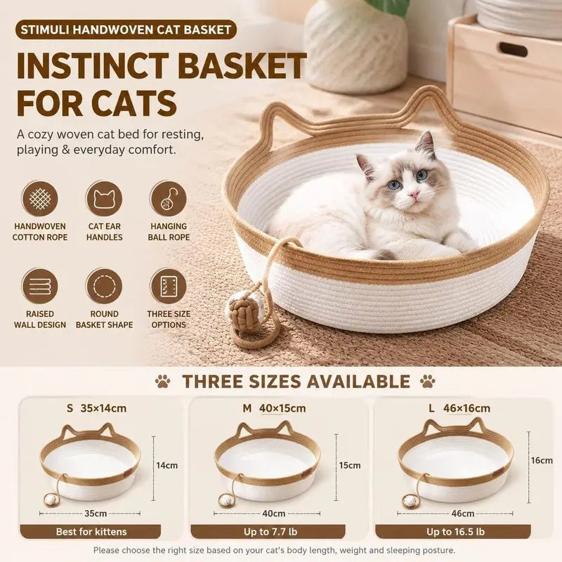 35/40/46cm Handwoven Cotton Rope Cat Basket Bed with Cat Ear Handles Ball Toy Indoor Cat Nest Sleeping Basket