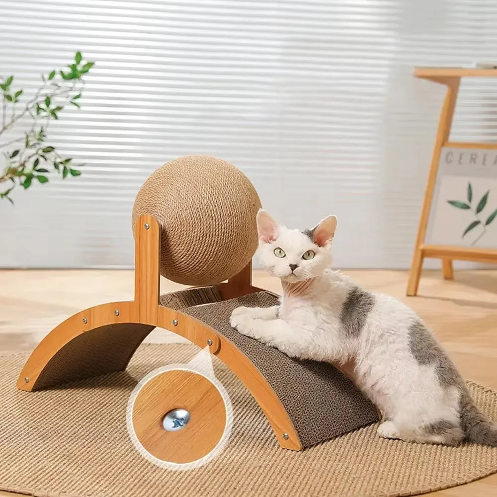 Wooden Cat Scratcher with Ball – 2-in-1 Scratch Board & Toy