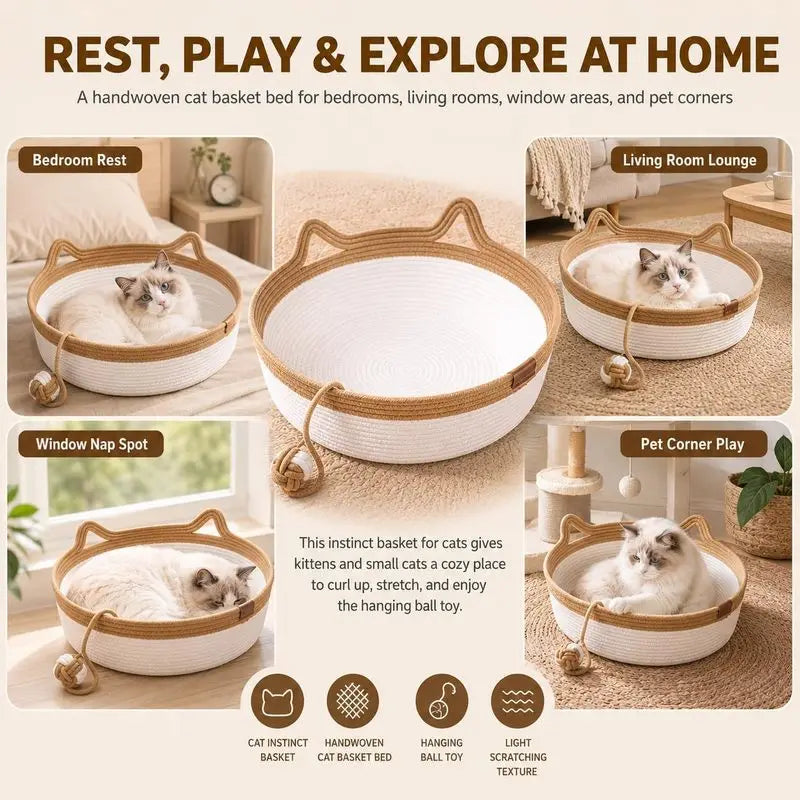 35/40/46cm Handwoven Cotton Rope Cat Basket Bed with Cat Ear Handles Ball Toy Indoor Cat Nest Sleeping Basket