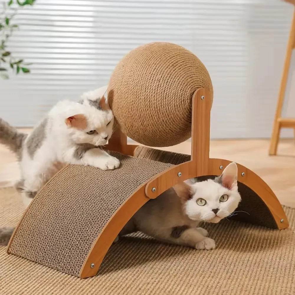 Wooden Cat Scratcher with Ball – 2-in-1 Scratch Board & Toy