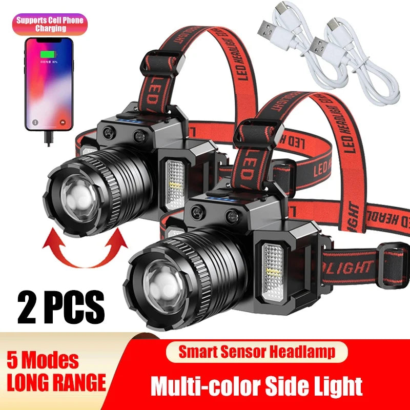 Rechargeable LED Headlamp – Motion Sensor, Zoom, 5 Modes, USB-C, Power Bank