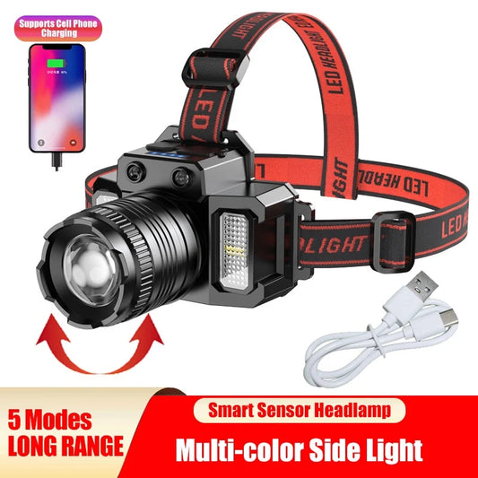 LED Telescopic Headlamp Head Torch Rechargeable Motion Sensor Headlight Zoomable 5 Modes Emergency Light for Camping